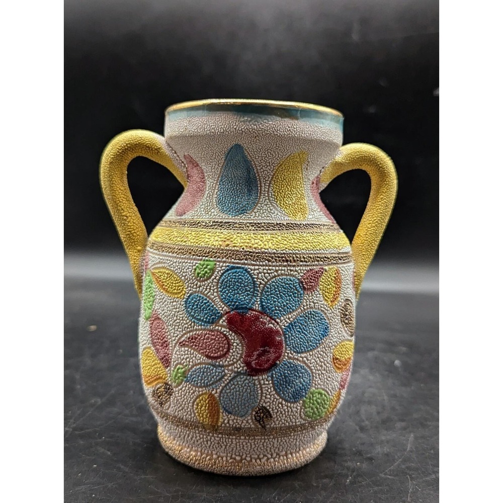 Vintage Hand Painted Italian Art Pottery 2 Handle Textured Floral Vase 6"
